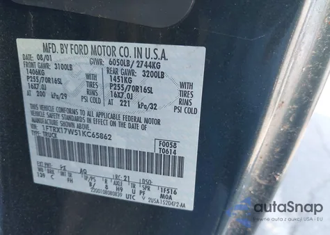 2001 Ford F-150 Lariat/Xl/Xlt z USA, uszkodzony, nr VIN 1FTRX17W51KC65862